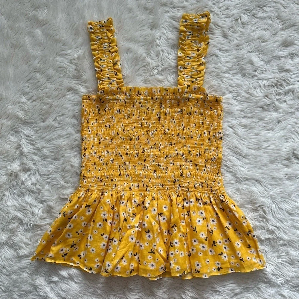 Kate Spade Tank Fleurette Toss Smocked Top 100% Cotton Floral Yellow XS